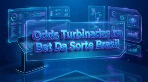 A futuristic holographic control room displaying 'Odds Turbinadas na Bet Da Sorte Brasil' against a sapphire blue and cyan ba
