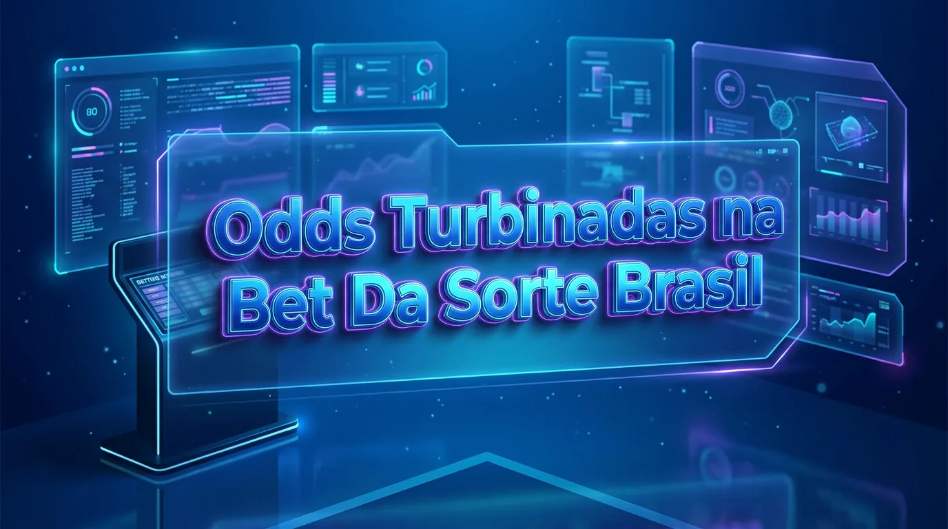 A futuristic holographic control room displaying 'Odds Turbinadas na Bet Da Sorte Brasil' against a sapphire blue and cyan ba